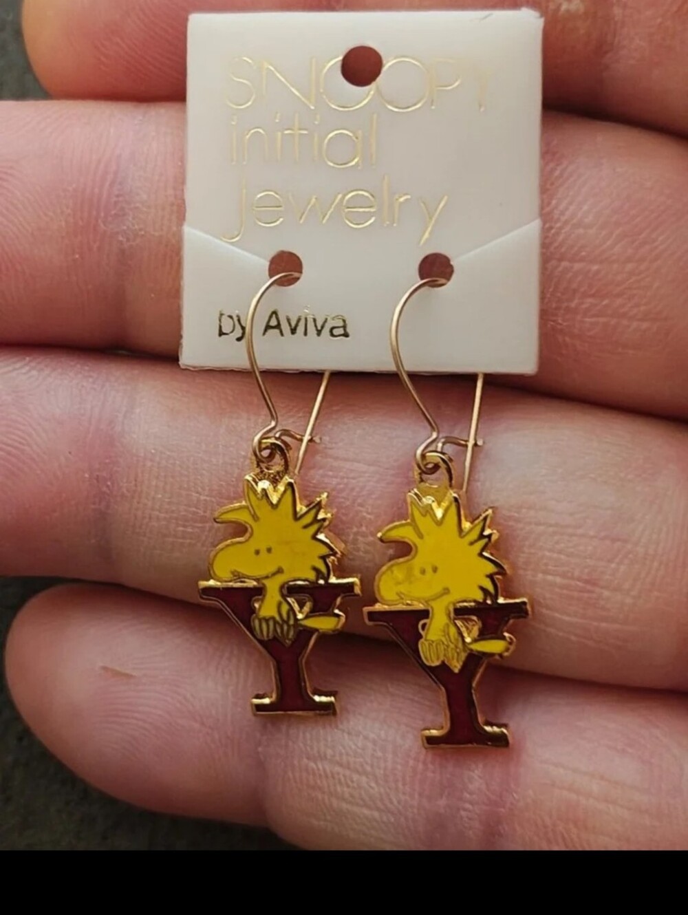 1970s Peanuts Woodstock Initial "Y" Gold Tone Cloisonné Red Enamel Earrings.